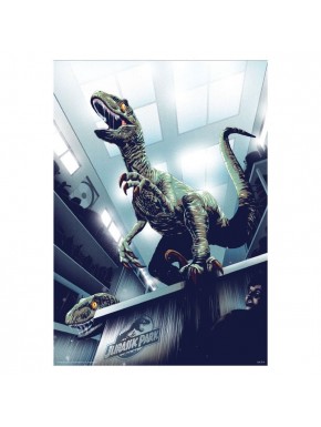 Jurassic Park lithograph with velociraptor in kitchen