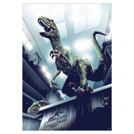 Litografia Jurassic Park com velociraptor na cozinha