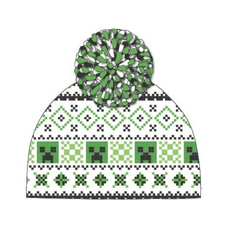 Bonnet Minecraft vert avec pom-pom et design Creeper