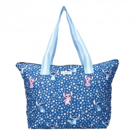 Bolso Lilo & Stitch azul con diseño floral y personajes de Stitch