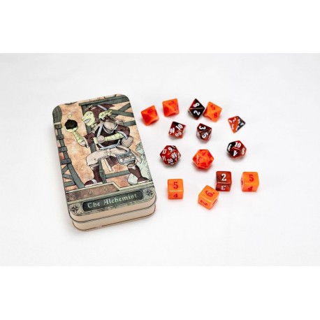 Pack de dés Alchemist avec boîte illustrée et dés orange