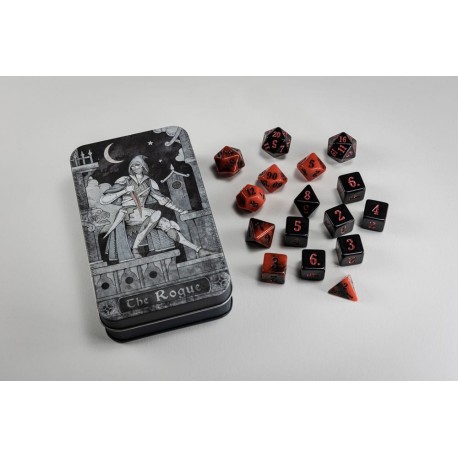 Pack de dados RPG Clase Pícaro con ilustración y dados poliédricos