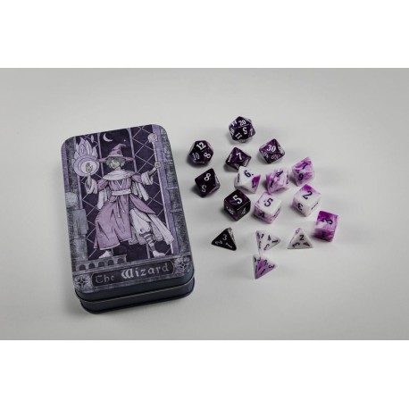 Pack de dados poliédricos RPG Wizard morado y blanco