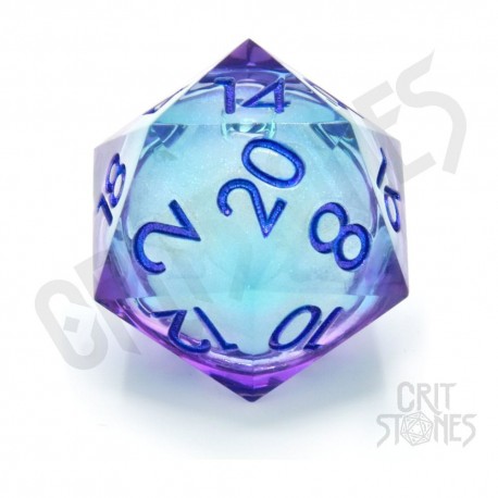 Dado D20 CritStones com núcleo líquido em azul e roxo