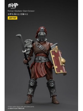 Figurine de gladiateur romain avec armure et bouclier rouge.
