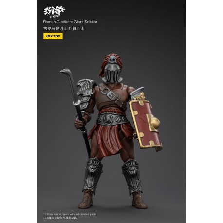 Figurine de gladiateur romain avec armure et bouclier rouge.