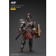 Figurine de gladiateur romain avec armure et bouclier rouge.