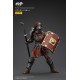 Figurine de gladiateur romain avec armure et bouclier rouge.
