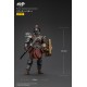 Figurine de gladiateur romain avec armure et bouclier rouge.