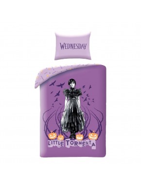 Funda nórdica púrpura de Wednesday con diseño calabazas