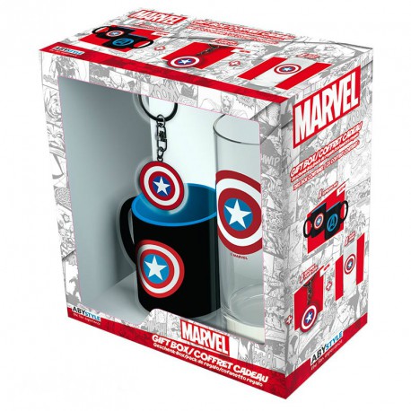 Pack gift Captain America Cup + Keychain + Glass