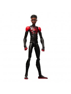 Figura de Miles Morales Spider-Man em traje preto e vermelho.