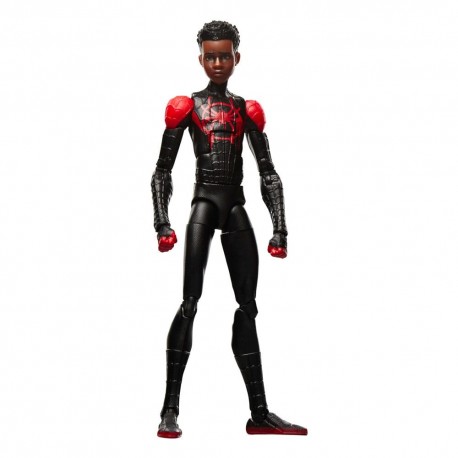 Figura de Miles Morales Spider-Man em traje preto e vermelho.