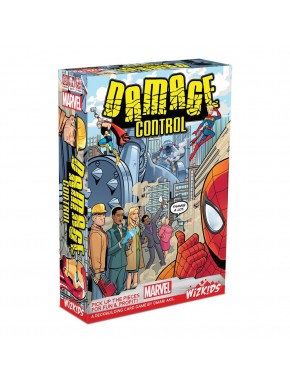 Caja del juego de cartas Marvel Damage Control con personajes