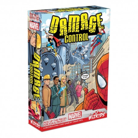 Caja del juego de cartas Marvel Damage Control con personajes