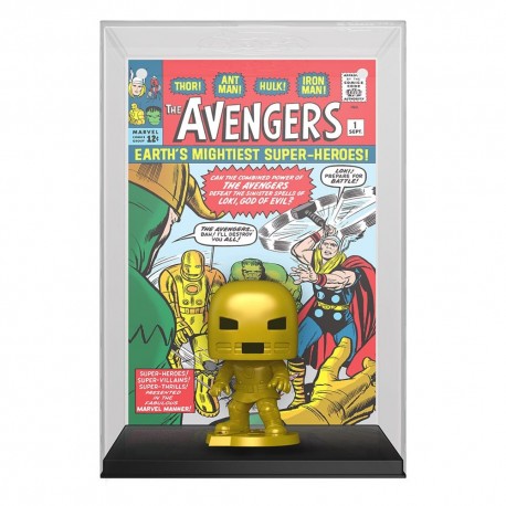 Figura de vinilo dorada de Iron Man con portada de Avengers