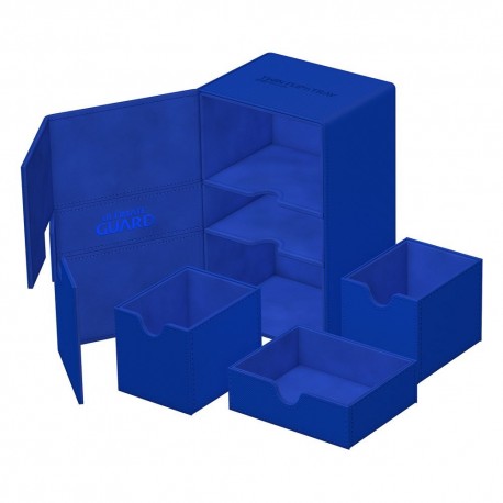 Caixa Ultimate Guard azul monocromática aberta com bandejas visíveis.