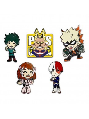 Conjunto de pins esmaltados My Hero Academia com personagens.