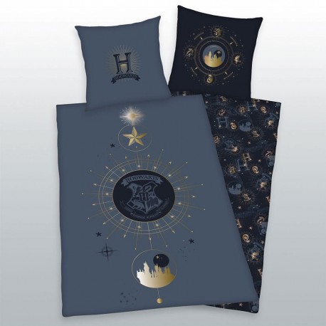 Capa de edredão Harry Potter Hogwarts azul com brasão e detalhes dourados