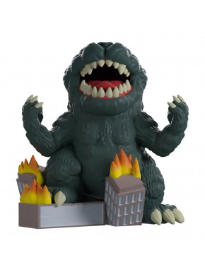 Figura de Godzilla de vinilo con edificios en llamas