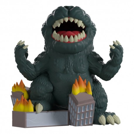 Figura de Godzilla em vinil com edifícios em chamas