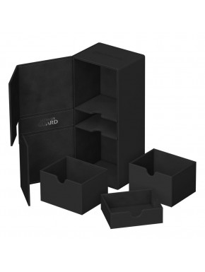 Caja Ultimate Guard negra con bandejas extraíbles y cartas.