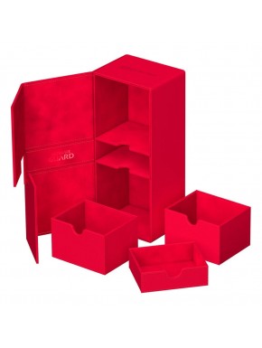 Caja Ultimate Guard Twin Flip`n`Tray roja abierta con bandejas.