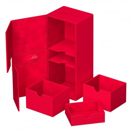 Caixa Ultimate Guard Twin Flip`n`Tray vermelha aberta com bandejas.