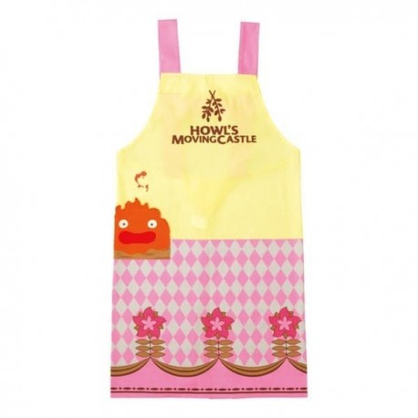 Tablier jaune du Château ambulant avec Calcifer et fleurs roses