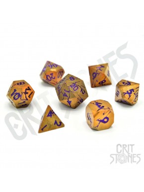 Set de 7 dados de metal dorado detalles violeta