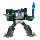 Figura Transformers Overcharge en modo robot con espada y rifle láser.