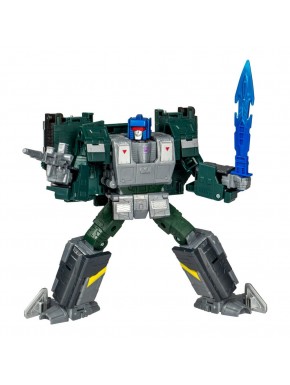 Figura Transformers Overcharge en modo robot con espada y rifle láser.