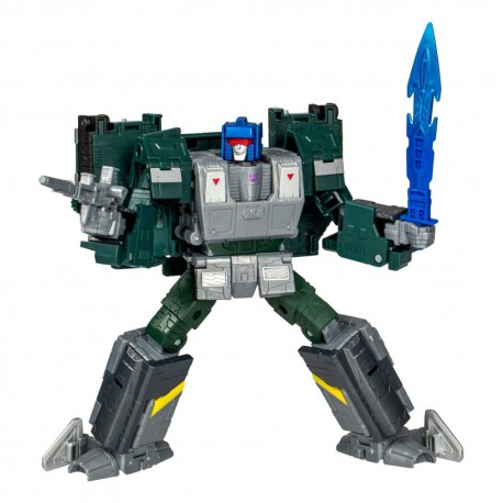 Figura Transformers Overcharge en modo robot con espada y rifle láser.