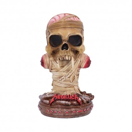 Estatua de cráneo de Metallica con vendajes y logo rojo.