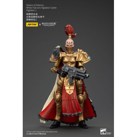 Figura articulada Sisters of Silence Warhammer con armadura dorada y capa roja