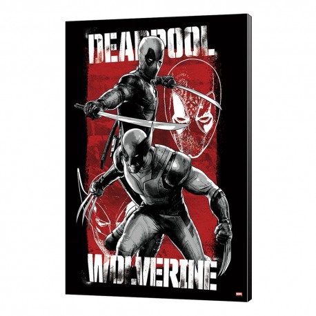 Póster de madera Marvel con Deadpool y Wolverine en colores rojo y negro