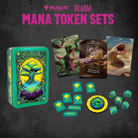 Set de dados y fichas de mana verde de Magic the Gathering.