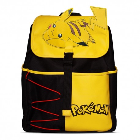 Mochila Pikachu Huge de Pokémon, amarilla y negra, con detalle de Pokébola