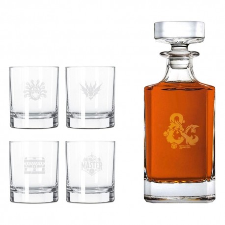 Set de Whisky Dungeons & Dragons con cuatro vasos y botella grabada.