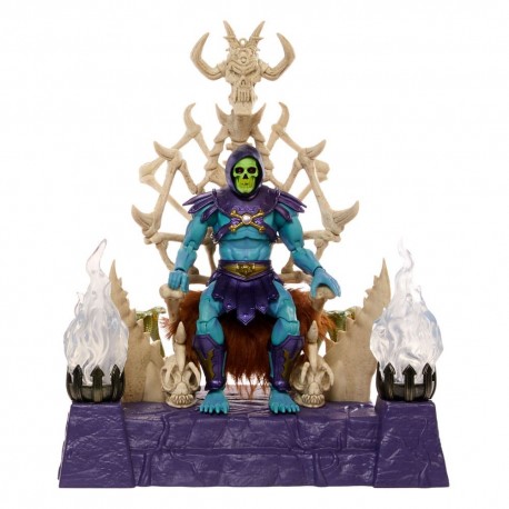 Figura de Skeletor con trono esquelético y llamas