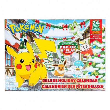 Calendrier de l'Avent Pokémon Battle Figures Deluxe 2024 avec figurines et accessoires.