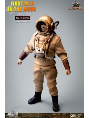 Figura de First Men in the Moon con traje y casco dorado.