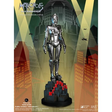 Estátua prateada Metropolis Maschinenmensch em base detalhada