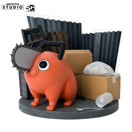 Figura de Pochita de Chainsaw Man com fundo industrial