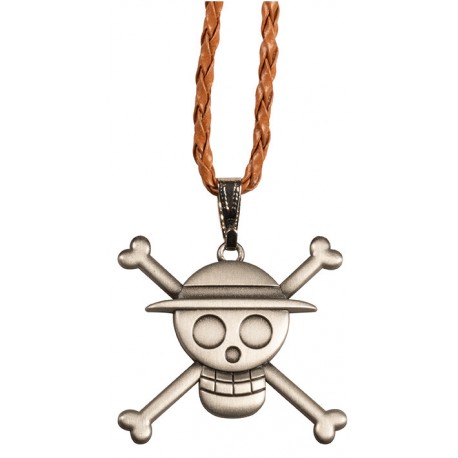 Pendentif métallique crâne One Piece avec cordon marron
