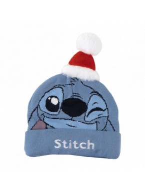 Bonnet bleu de Noël Stitch avec pompon rouge et blanc