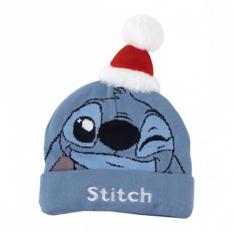 Gorro navideño azul de Stitch con borlón blanco y rojo
