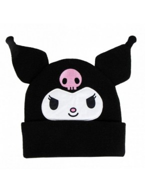 Gorro negro de punto Kuromi con orejas y diseño bordado