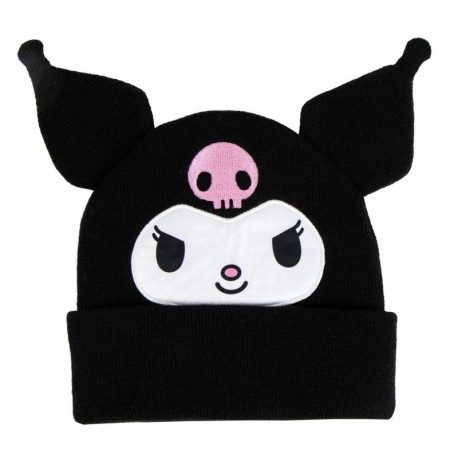 Bonnet Kuromi en tricot noir avec oreilles et design brodé