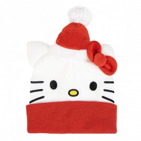 Gorro Hello Kitty de punto blanco con lazo rojo